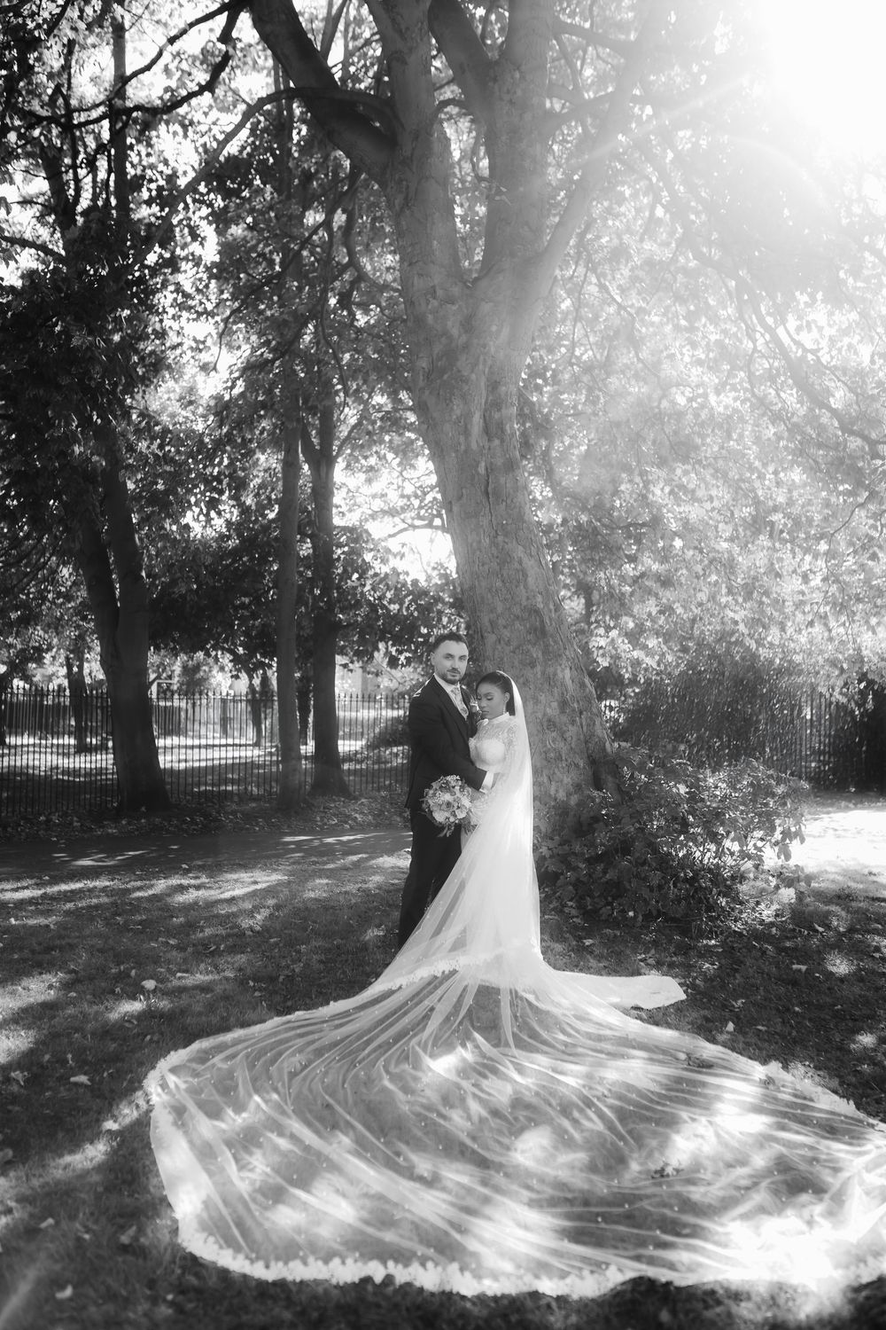 Black and white wedding photo of bride and groom embracing under a large tree, brides veil flowing gracefully.