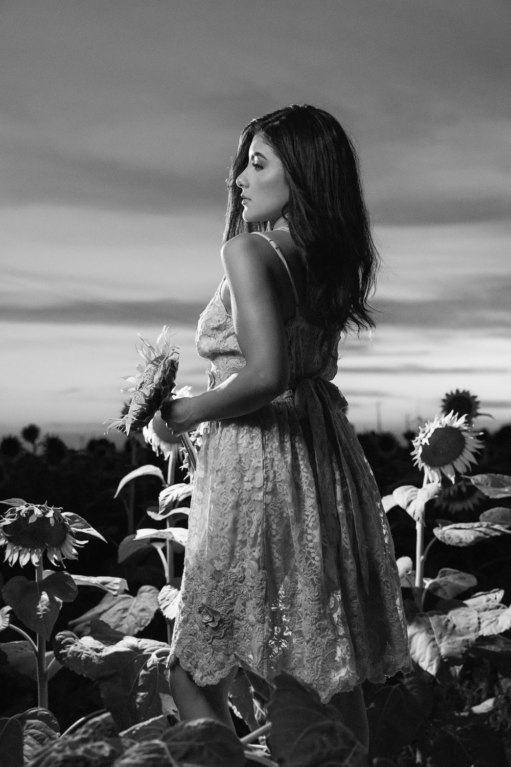 A series of black and white photos showing a person in a floral dress standing among tall sunflowers at sunset.