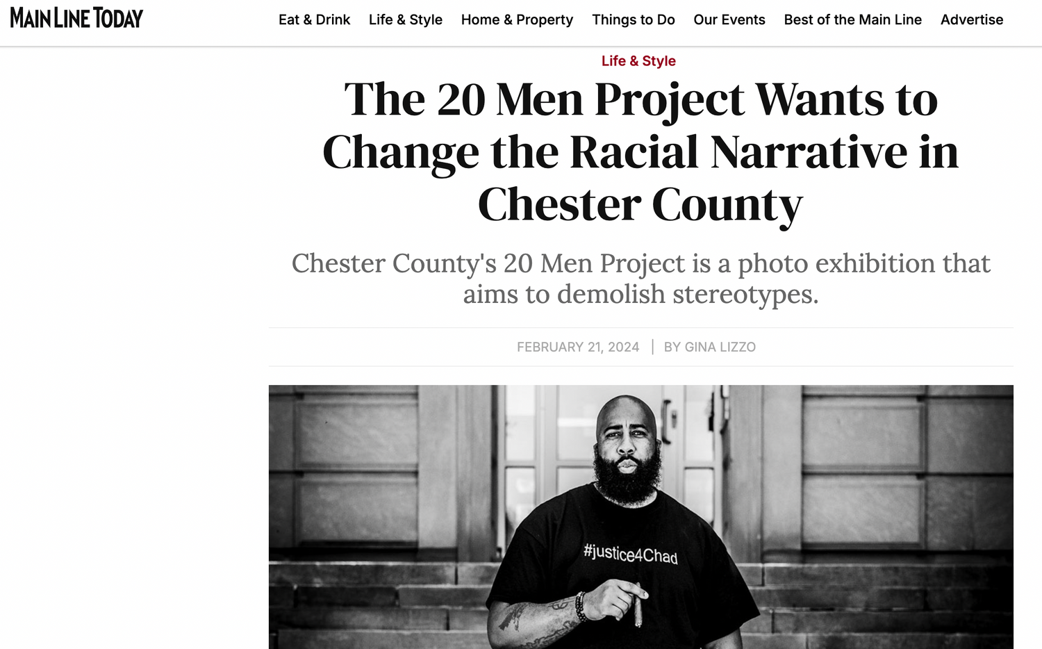 Newspaper headline about Chester County's 20 Men Project challenging racial narratives.