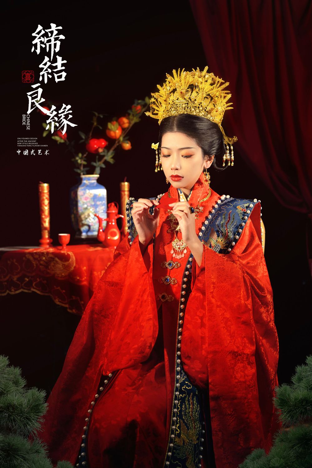 Formal Hanfu studio portrait capturing intricate details of traditional Chinese wedding gowns, by Imagine Image Studio Auckland.