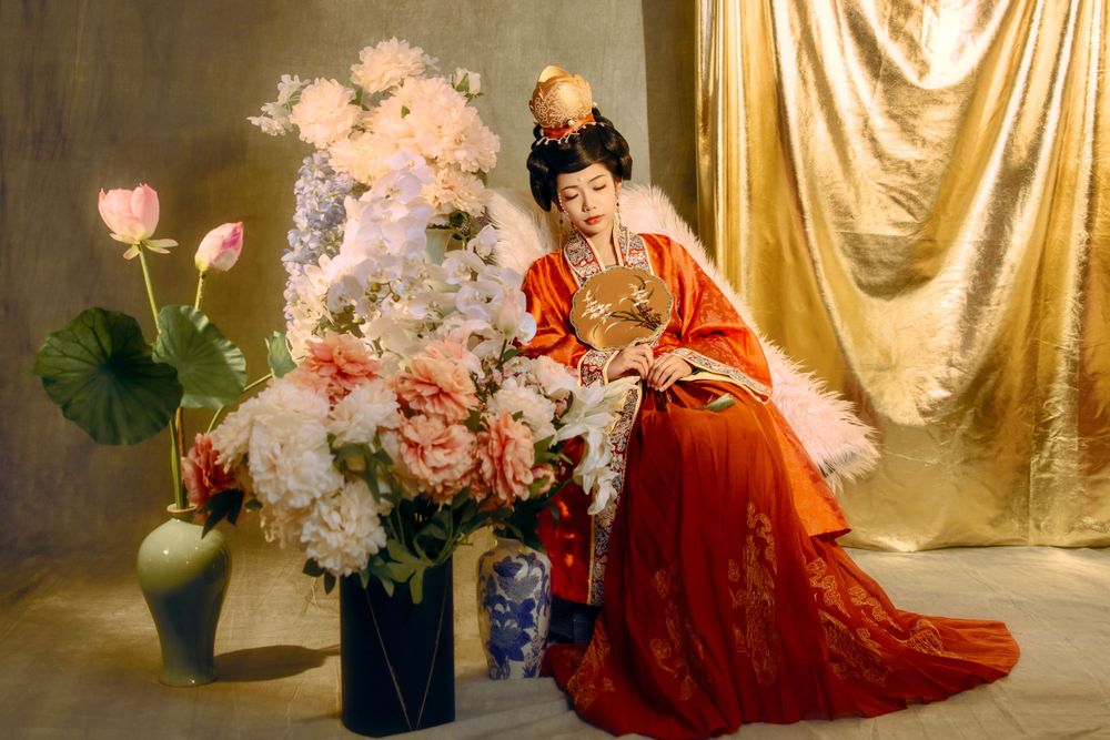 Formal Hanfu studio portrait capturing intricate details of traditional Chinese wedding gowns, by Imagine Image Studio Auckland.