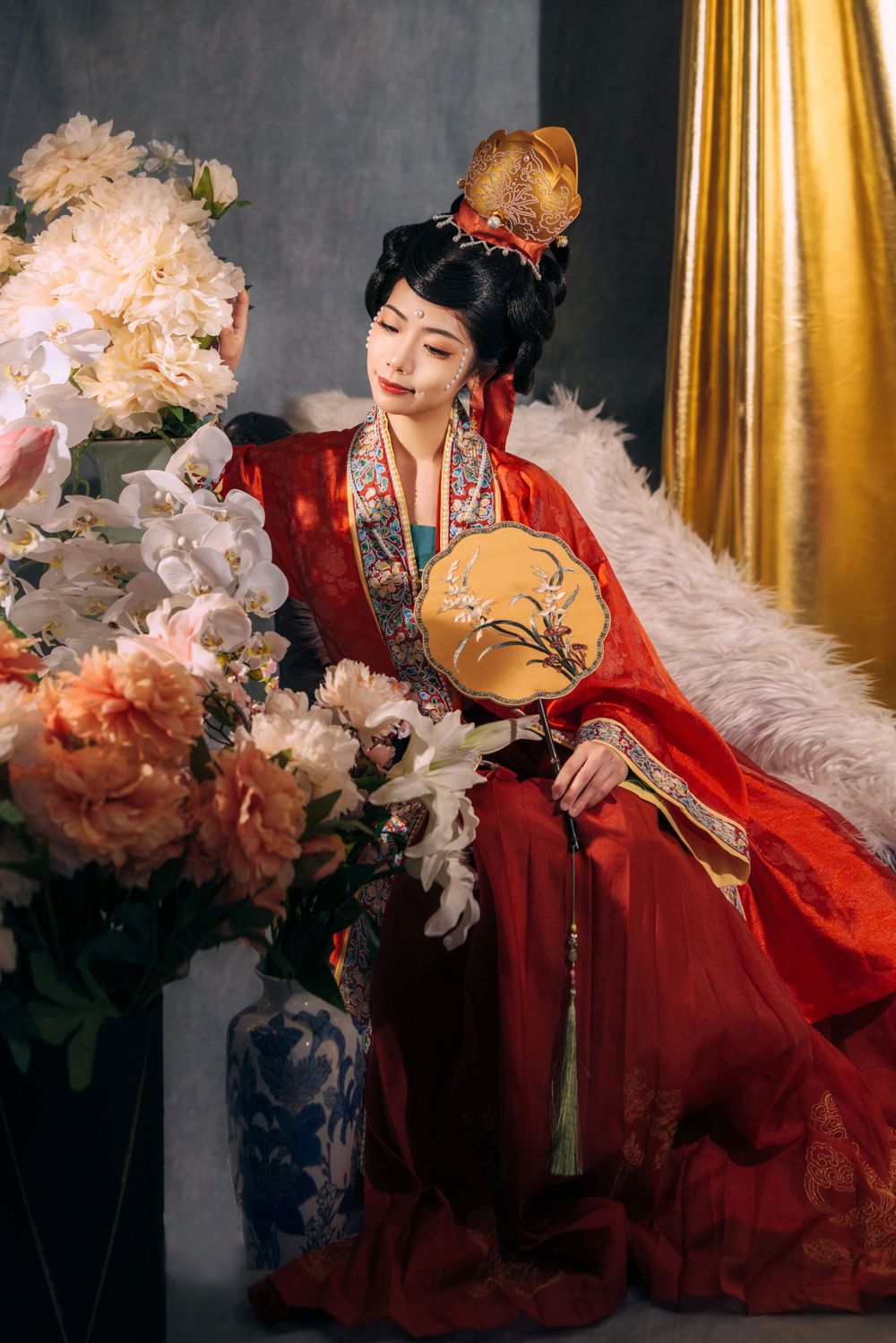Formal Hanfu studio portrait capturing intricate details of traditional Chinese wedding gowns, by Imagine Image Studio Auckland.
