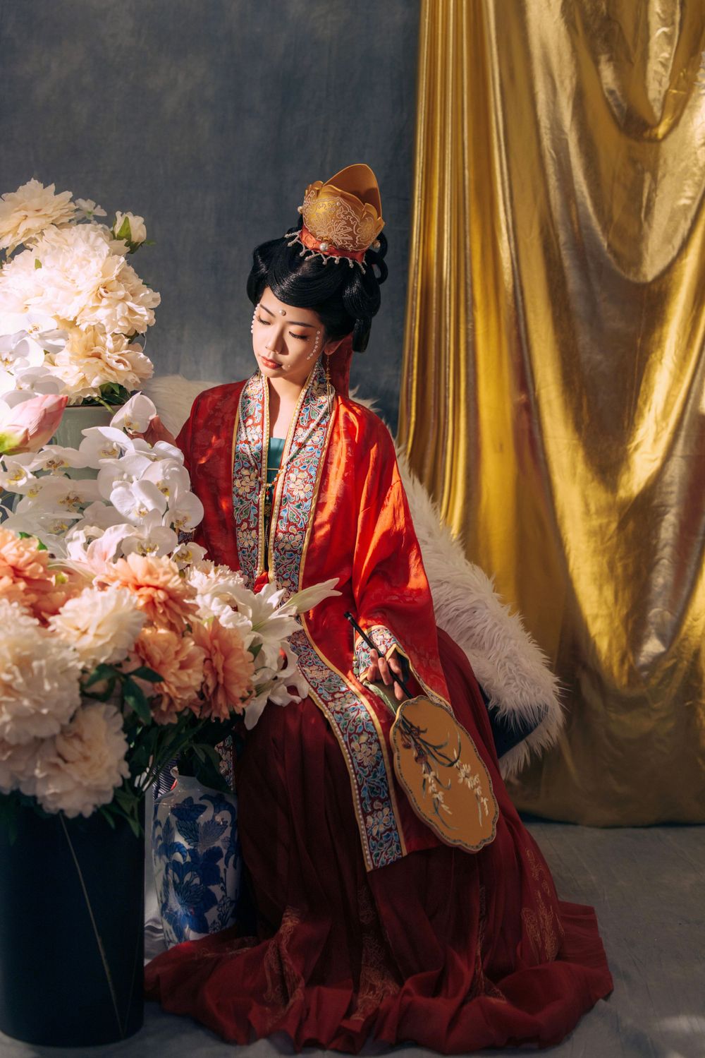 Formal Hanfu studio portrait capturing intricate details of traditional Chinese wedding gowns, by Imagine Image Studio Auckland.