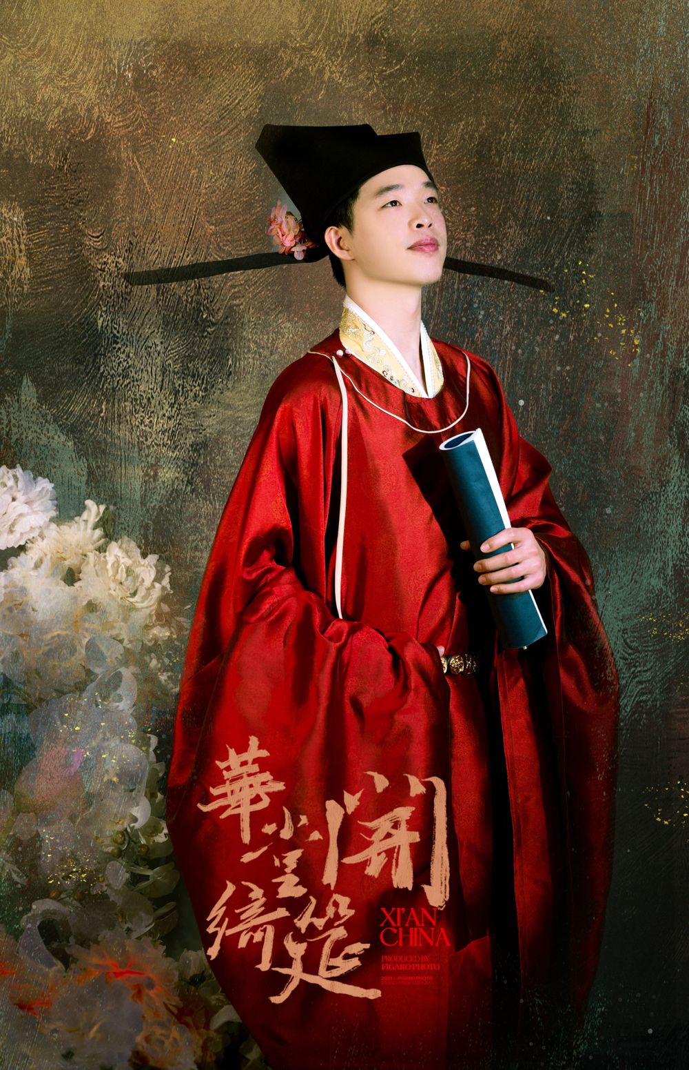 Formal Hanfu studio portrait capturing intricate details of traditional Chinese wedding gowns, by Imagine Image Studio Auckland.
