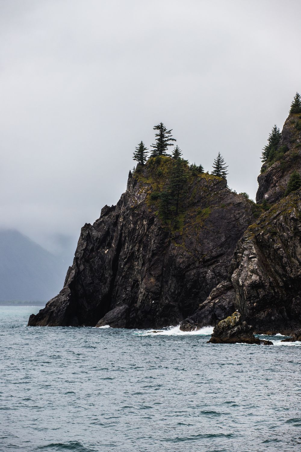 Rocky coastal cliffs with evergreen trees rise dramatically from turquoise waters in a misty seascape.