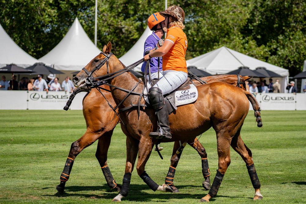 Two polo players on chestnut horses discuss tactics during a break in the match.