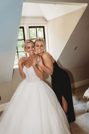 Series of getting ready moments showing white wedding dress preparations in bright room.