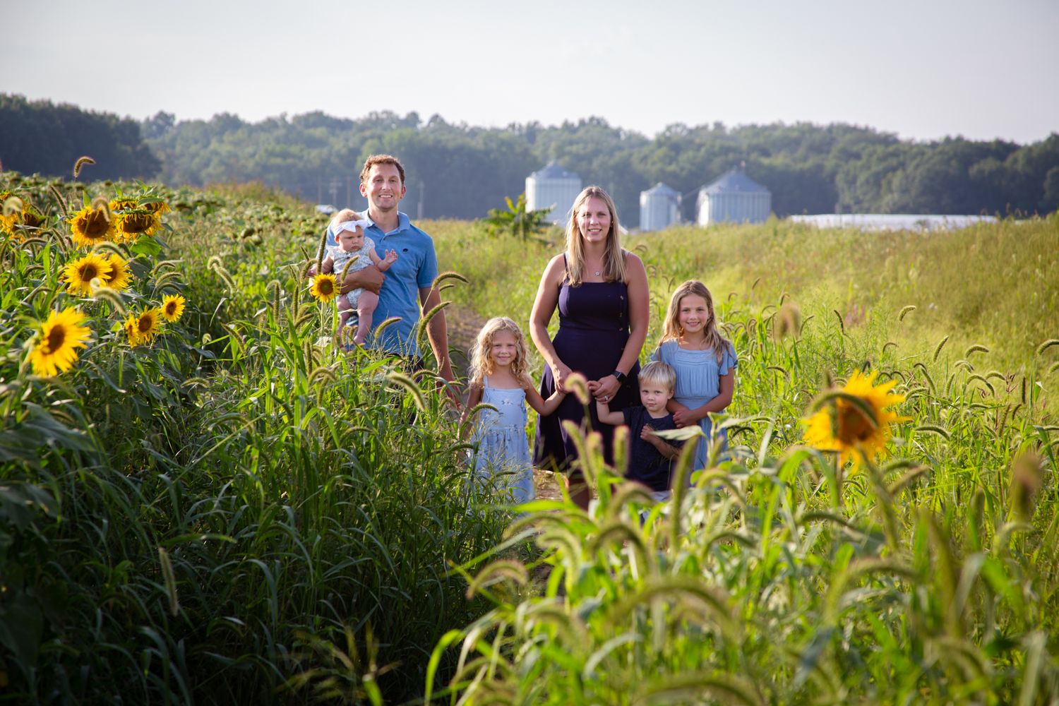 Family walking through a vibrant sunflower field on a sunny day.