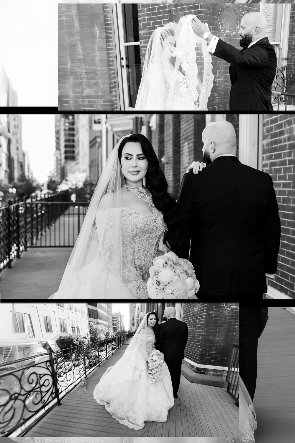 A series of black and white wedding photos showing tender moments between a bride and father on a brick-lined porch.