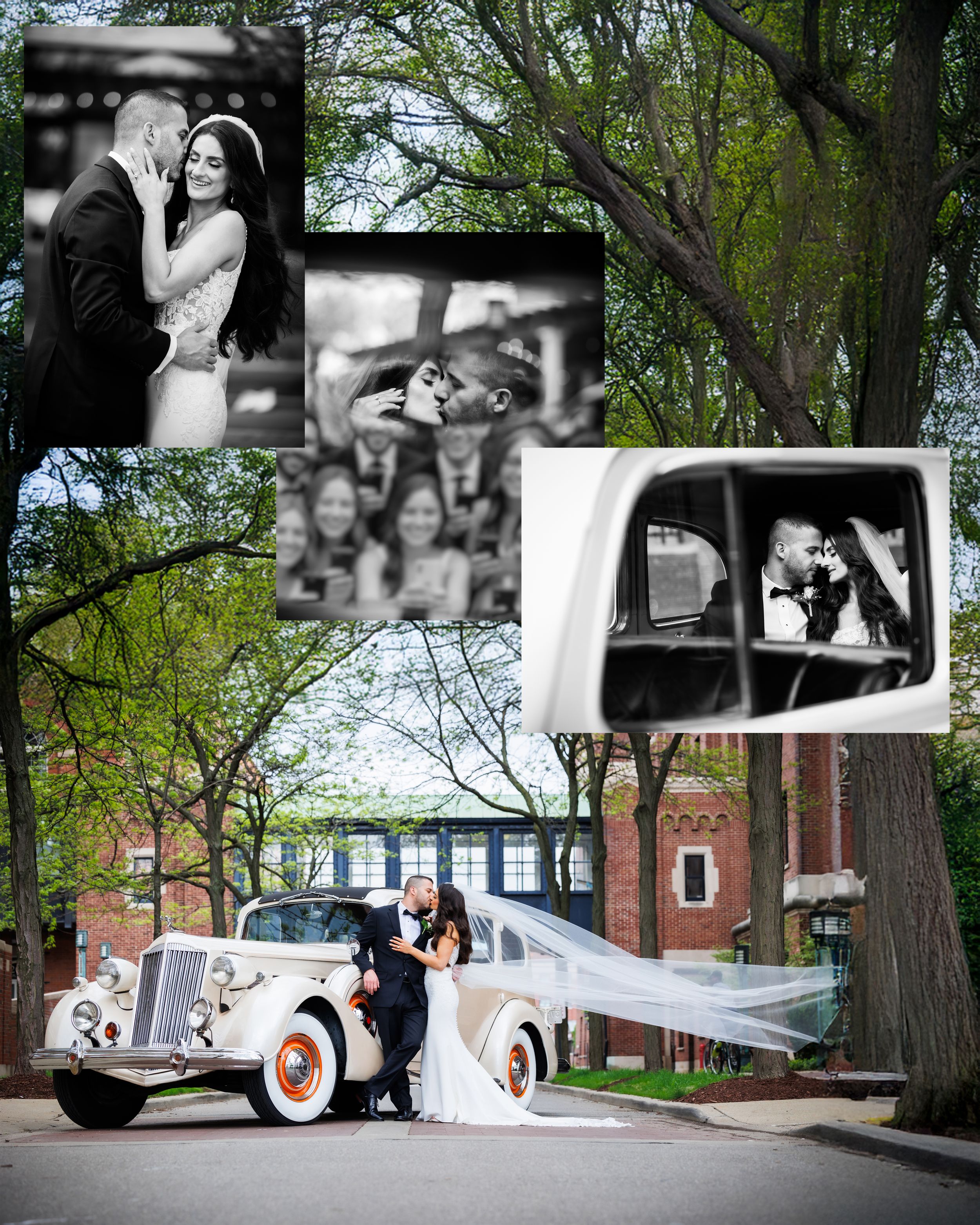 Wedding photo collage featuring a classic white vintage Rolls Royce car and elegant portraits surrounded by lush green trees.