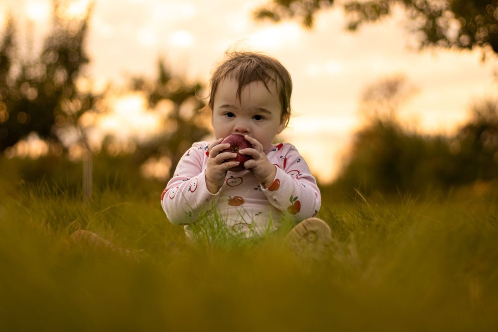 A baby wearing a heart-patterned outfit plays in tall grass during sunset.