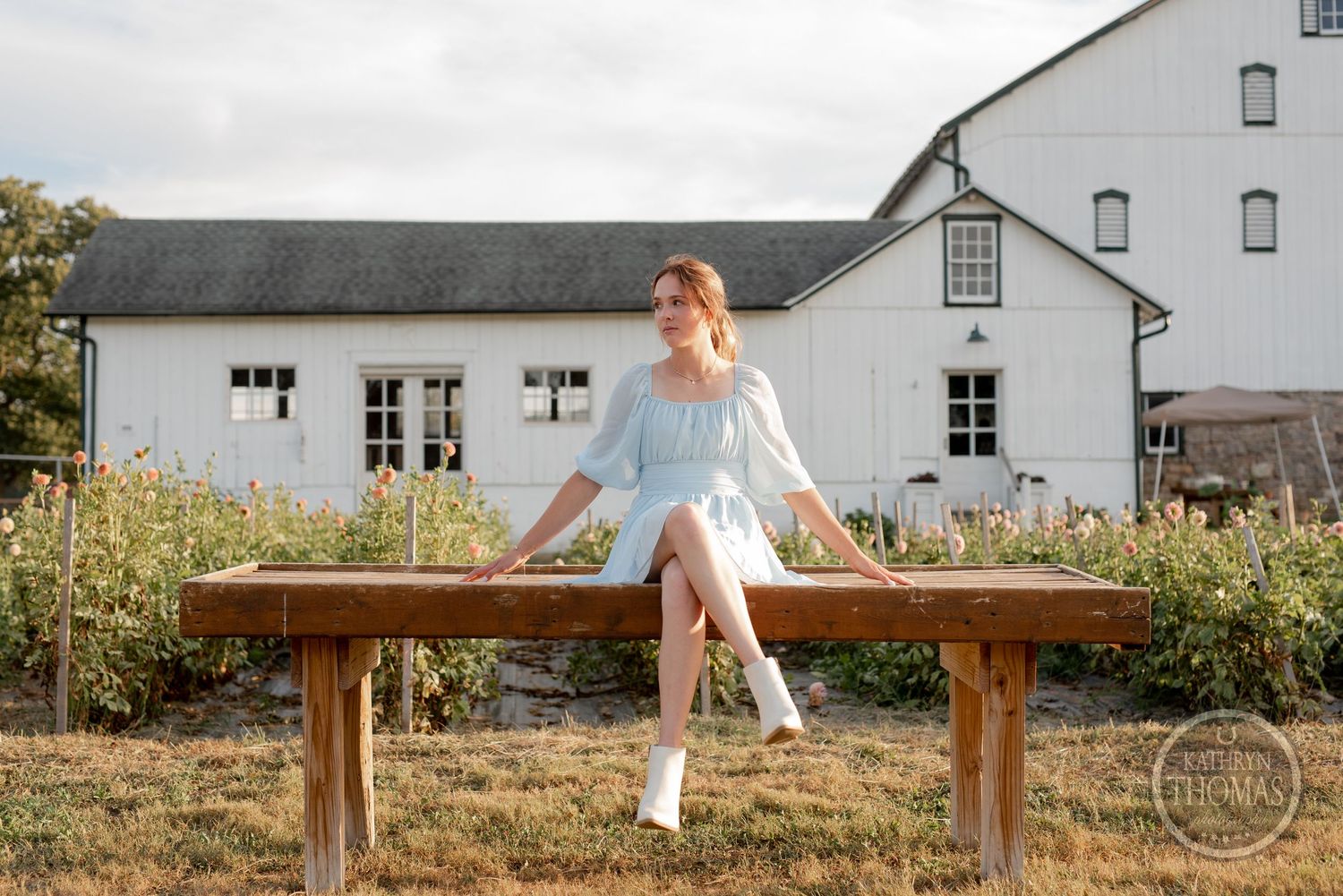 Someone in a blue dress sits on a wooden bench surrounded by flowers and a white barn backdrop.