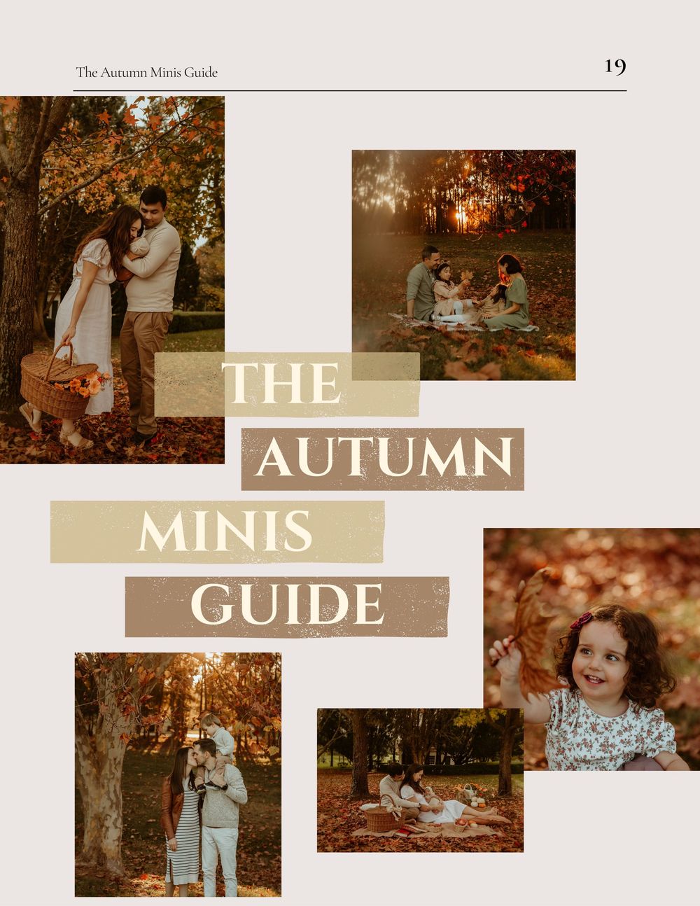 A rustic autumn photography session featuring golden leaves and warm sunlight filtering through trees in a park setting.