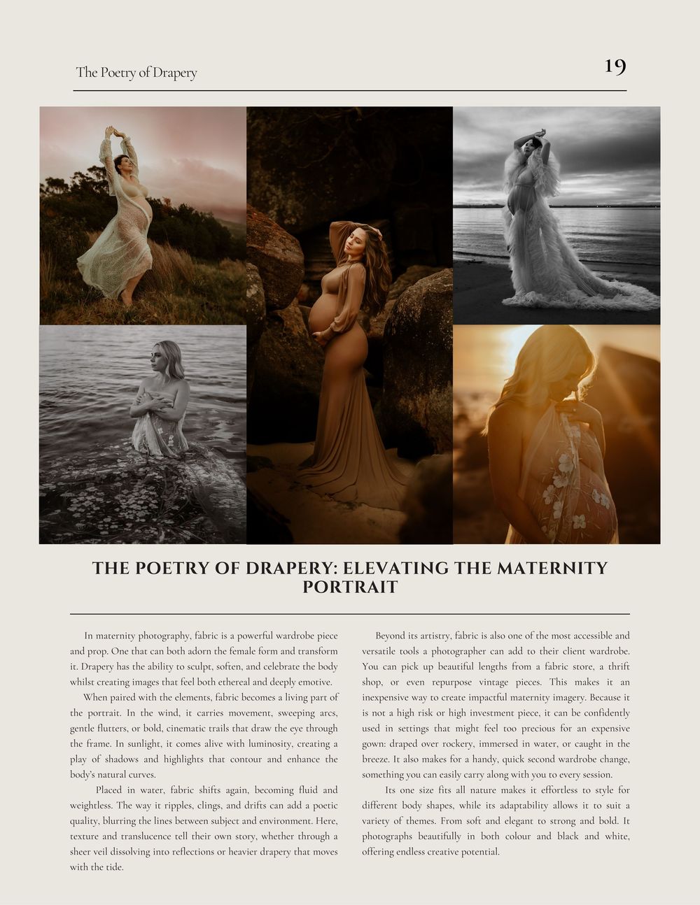 Several black and white artistic photographs show flowing fabric draped in dramatic poses against natural landscapes.