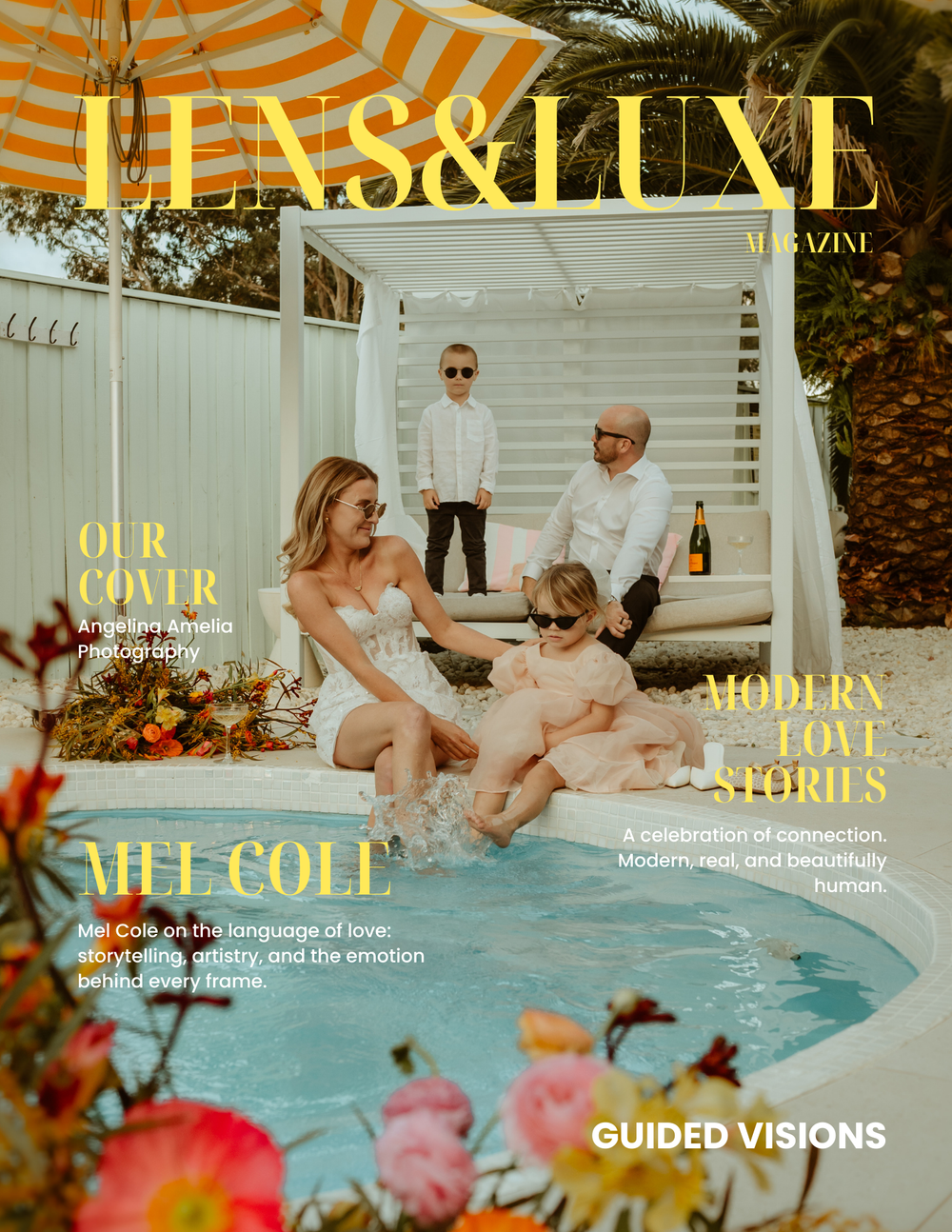 Stylish magazine cover for Lens & Live featuring a poolside family scene with tropical flowers and modern design elements.