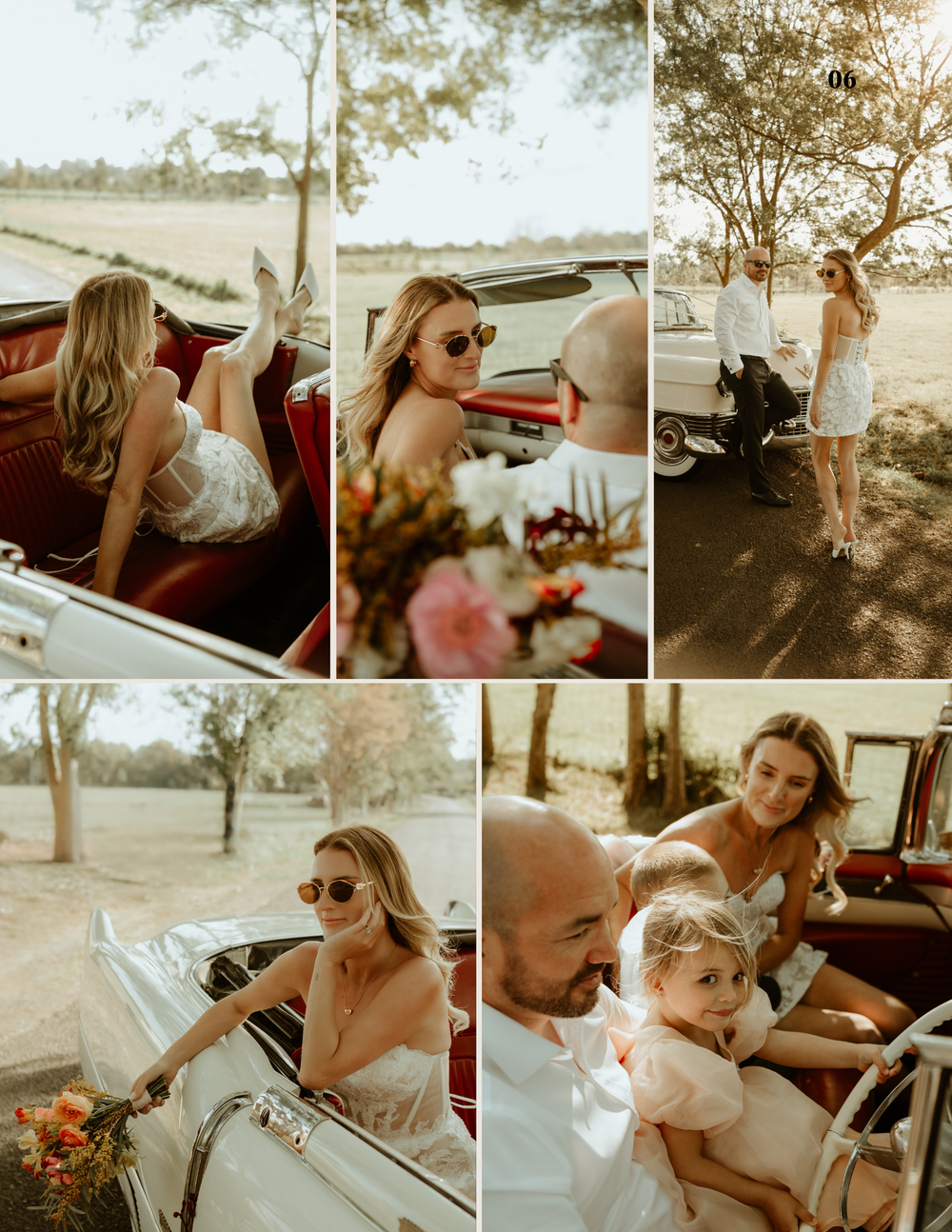 A dreamy vintage-style photo collage showing intimate moments in and around a classic car at sunset.