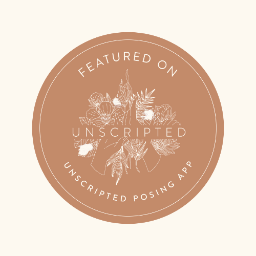 Decorative circular brown badges with floral designs and text reading 'Featured on Unscripted' in a vintage style.