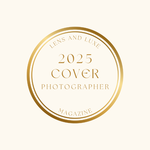 Five elegant gold circular badges with text for magazine, cover, photographer, and 2023 in a minimalist design layout.