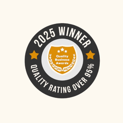 Four circular business award badges with star ratings and quality indicators arranged in a horizontal row.