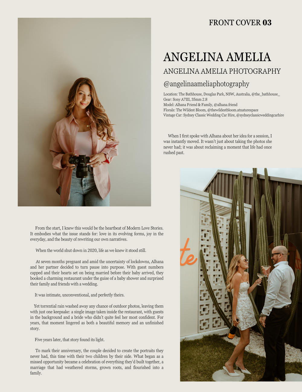 Magazine layout design featuring lifestyle photography with soft neutral tones and editorial text spreads.