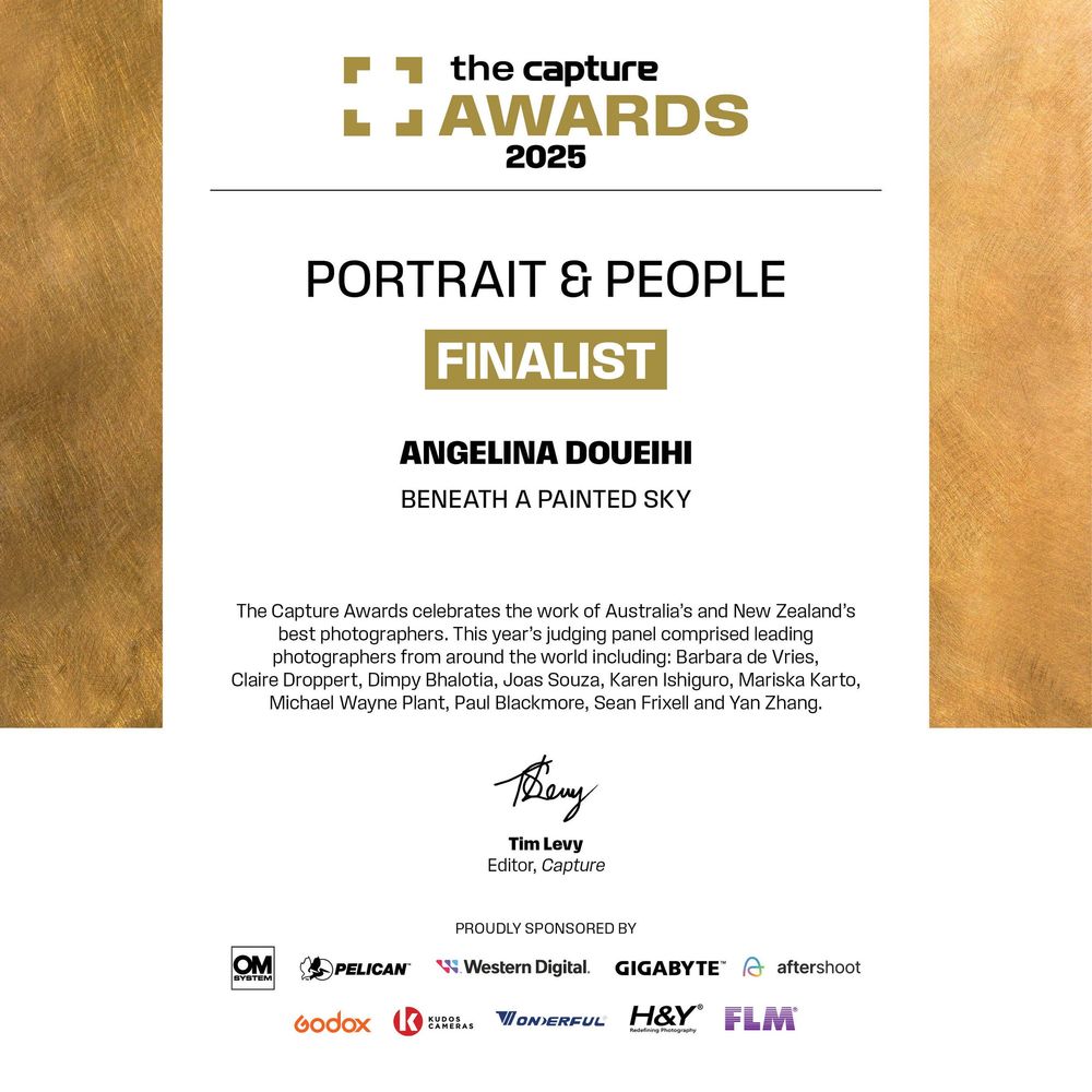 A certificate showing a Portrait & People Finalist award from The Capture Awards 2025 on a textured golden background.
