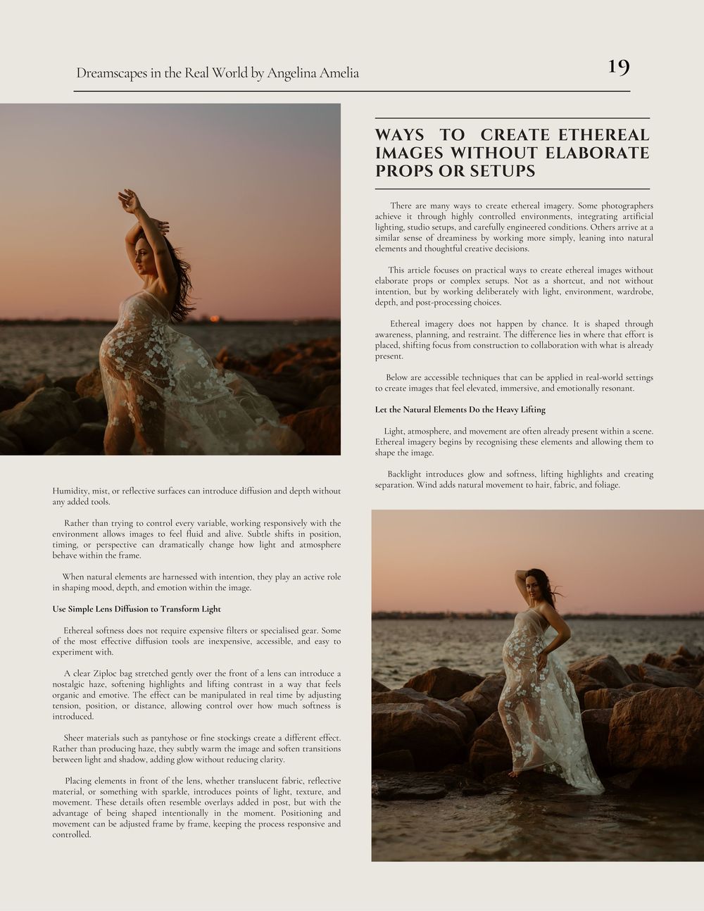 A book spread showing editorial layouts with moody coastal photographs and text in a minimalist design style.