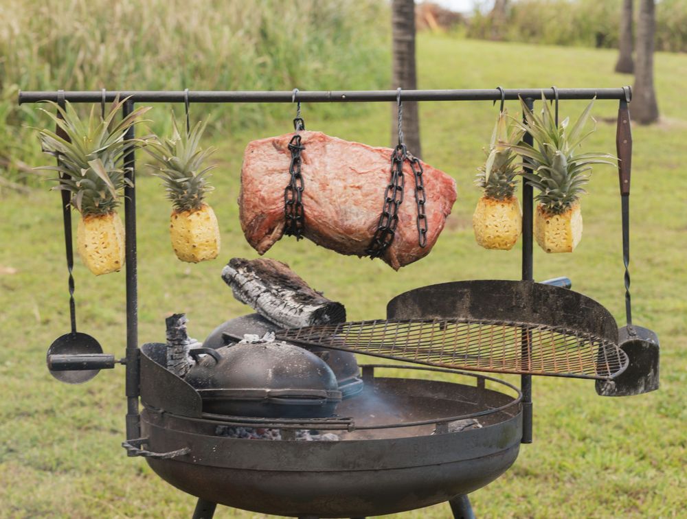 Outdoor grill rack with hanging meats and pineapples cooking over a fire pit in a garden setting.