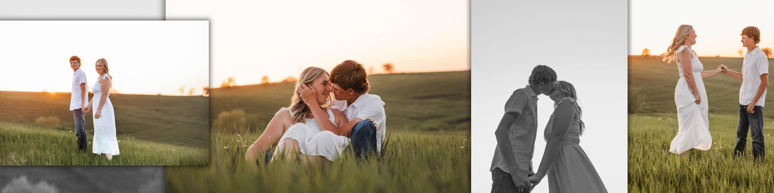 A gallery banner shows a romantic sequence of photos with couples posing at sunset in tranquil outdoor settings.