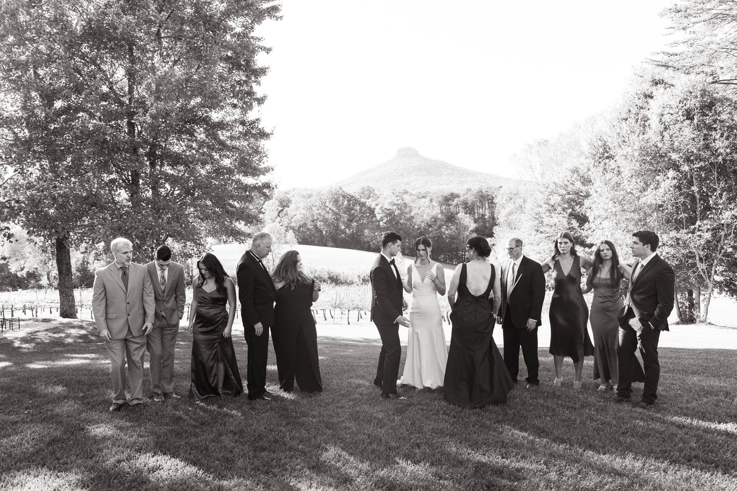 Black and white photo of wedding party posing outdoors with mountain and trees in background.