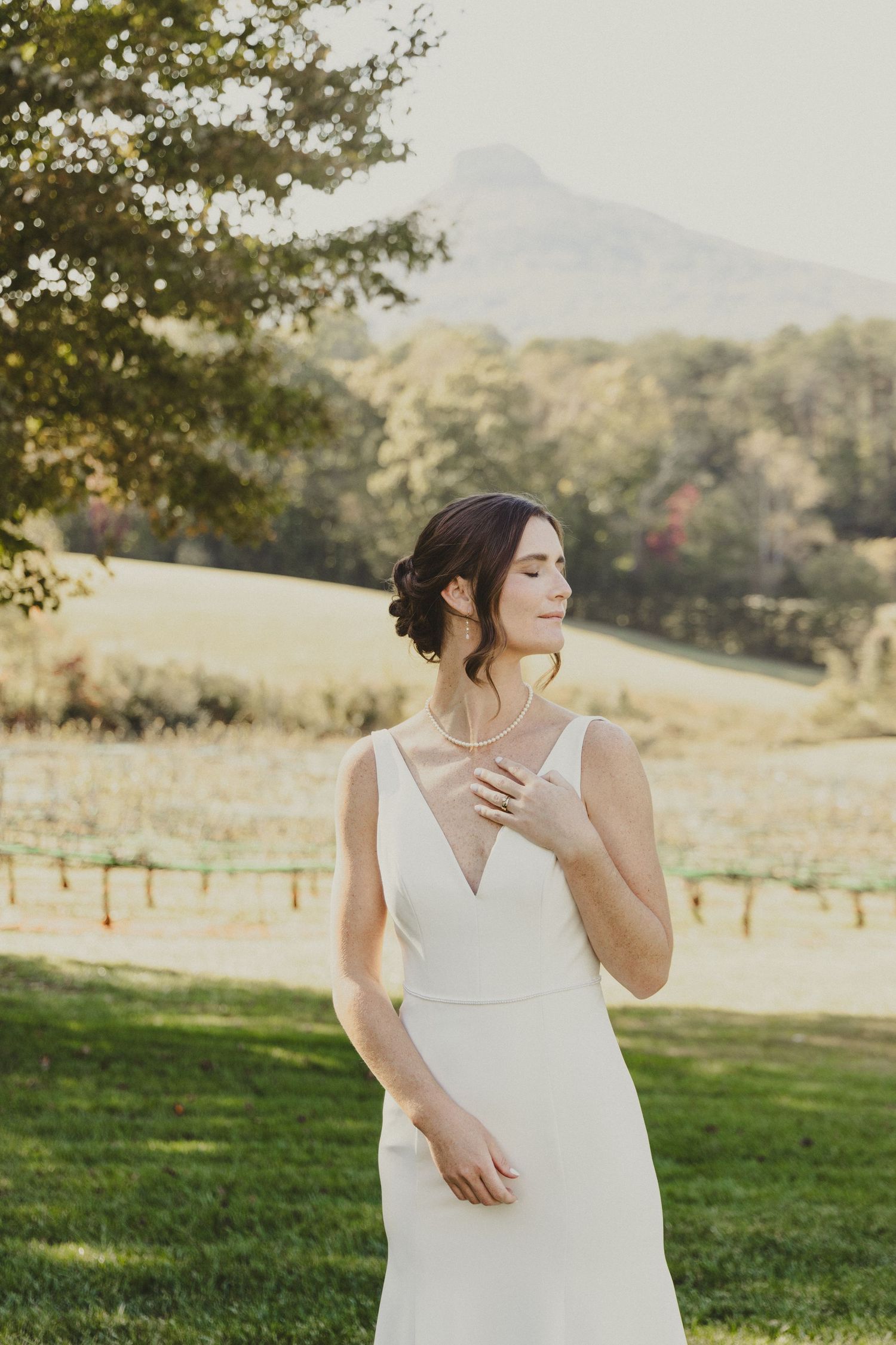 Elegant sleeveless white wedding dress with v-neck design photographed in a scenic outdoor setting with mountains in background.
