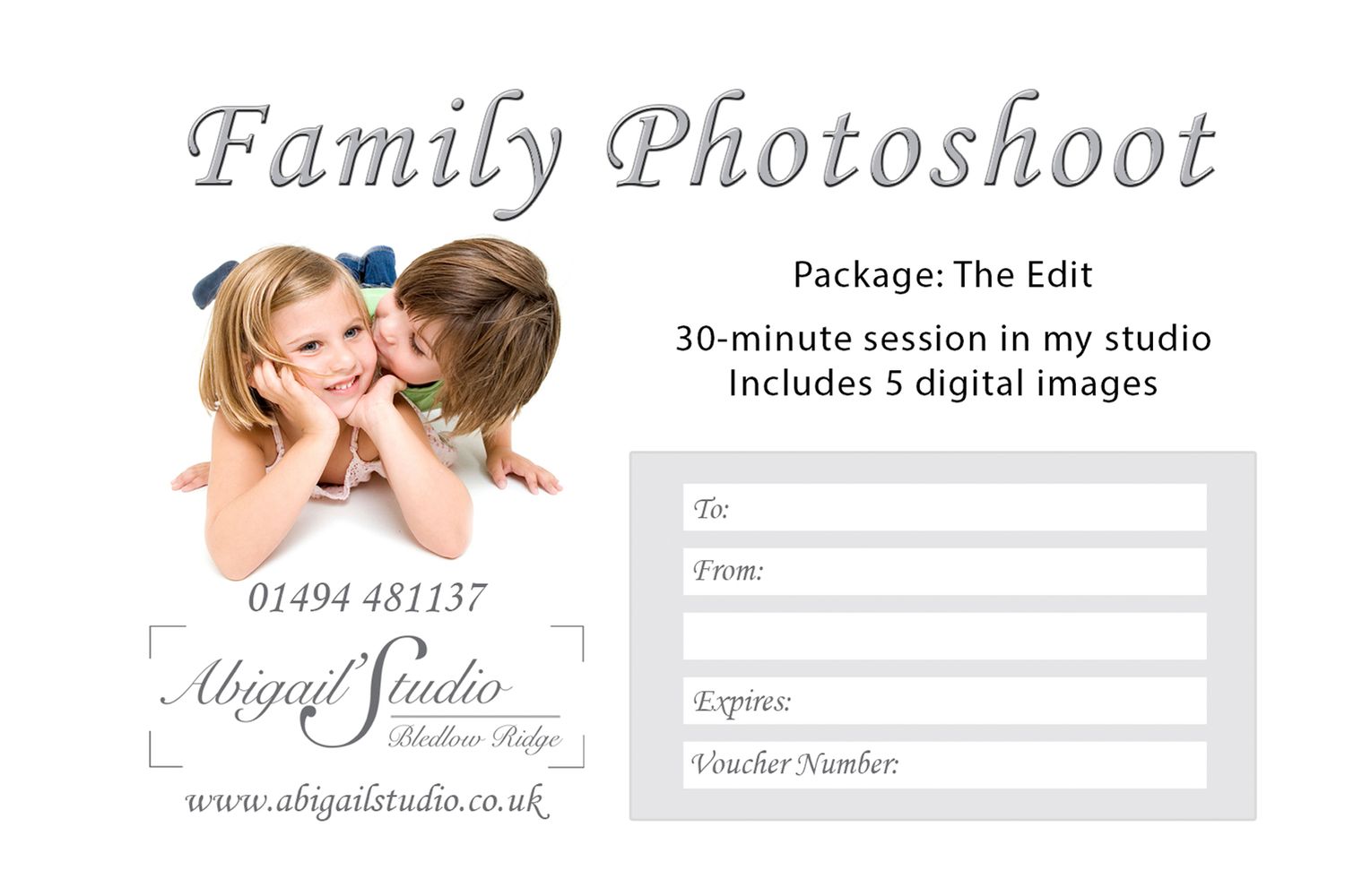 Mini photoshoot gift voucher for a family photo session at Abigail's Studio, located in Buckinghamshire.
