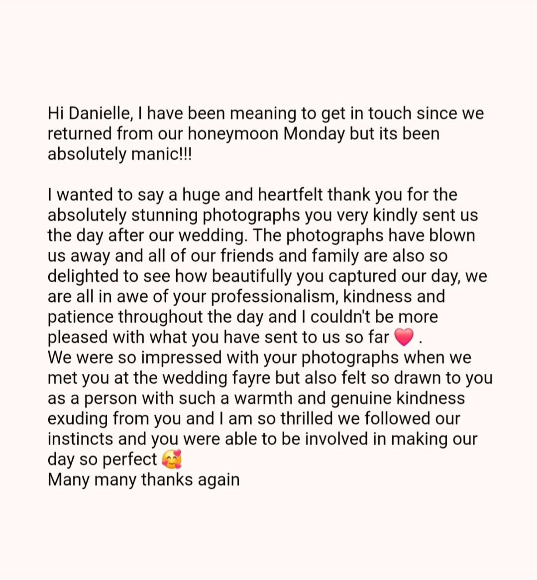 A heartfelt customer review message expressing gratitude for wedding photography services appears on a white background.