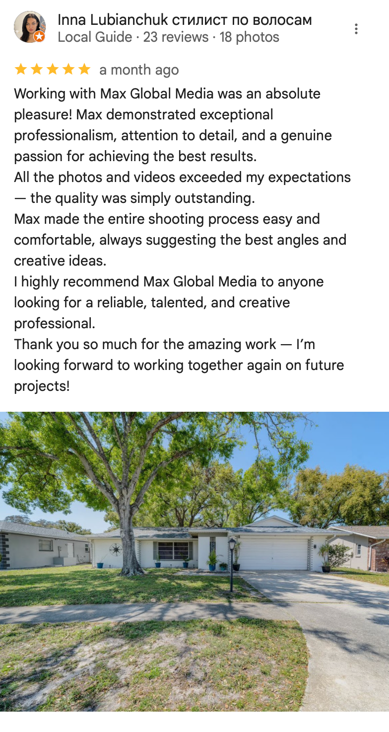 Customer review screenshot with 5 stars and photo of single story ranch style house with attached garage.