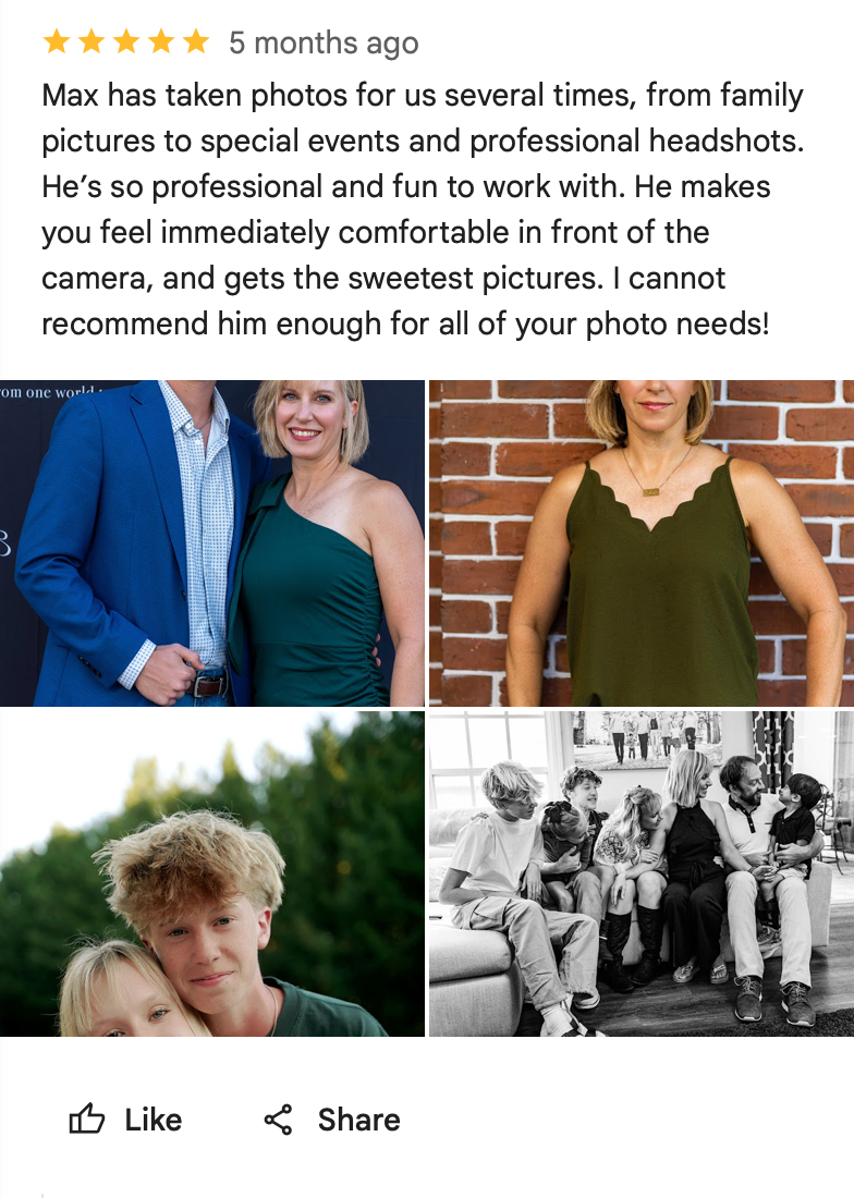 Social media review post showing a 5-star rating with photo grid of professional portrait photography examples.