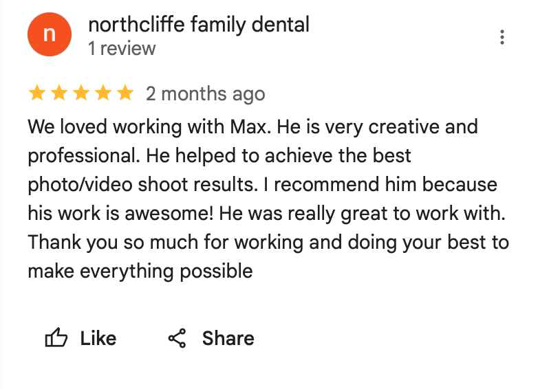 Screenshot of a 5-star Google review for Northcliffe Family Dental praising photography services.