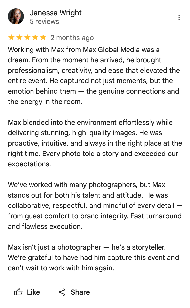 A detailed 5-star review praising a photographer's professional work and storytelling abilities.