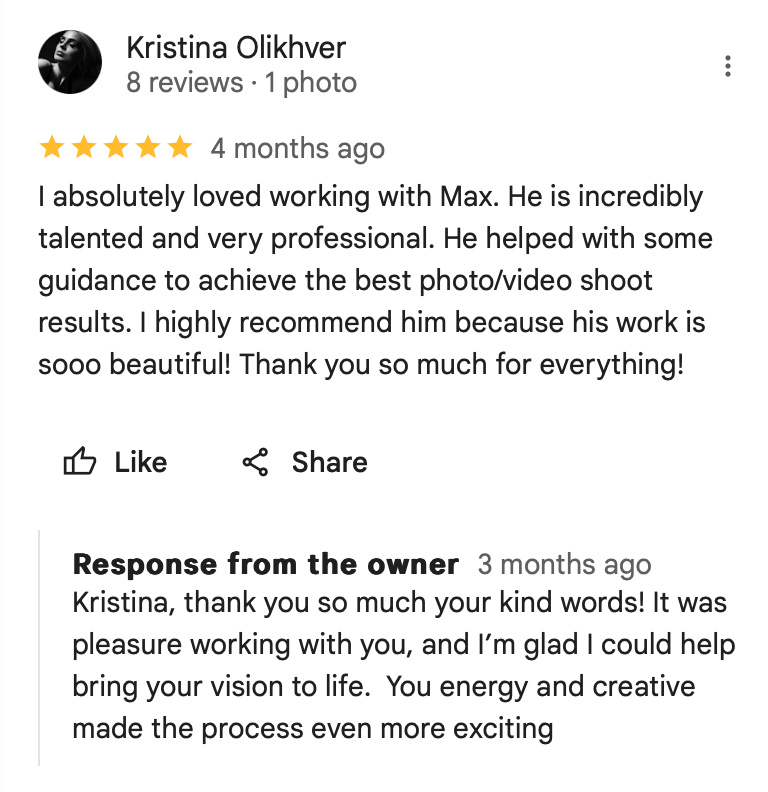 Screenshot of a positive customer review for photography services with five star rating.
