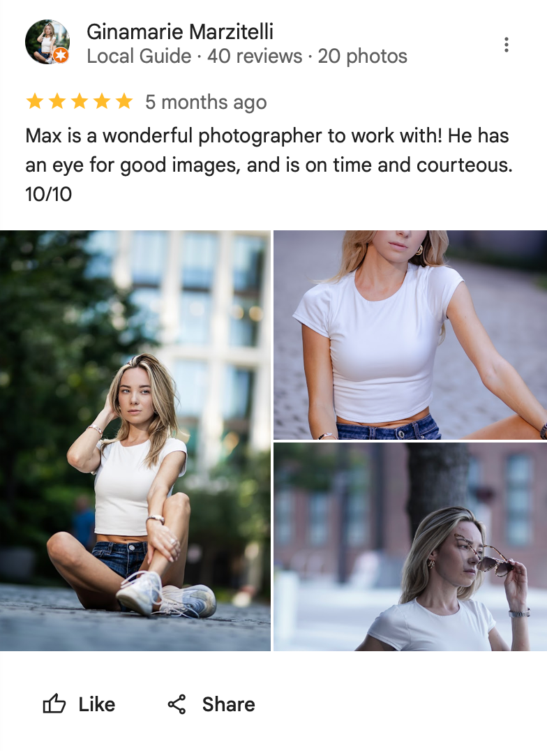 A model in a white crop top poses outdoors in three different casual poses showing fashion photography style.