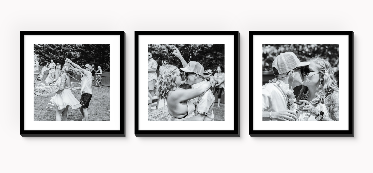Three B/W framed prints showing a couple dancing, embracing, and kissing at a joyful luau-themed engagement celebration