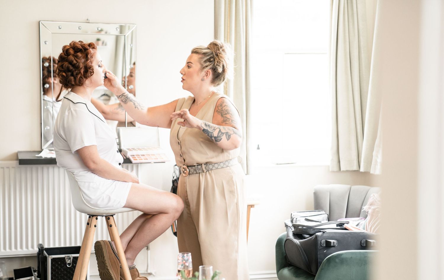 A series of lifestyle photos showing intimate moments between mother and baby in a bright, minimalist home setting.