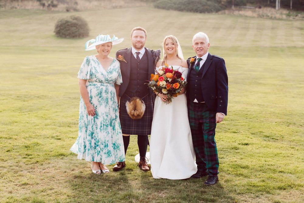 A series of outdoor wedding photos taken in a rustic field setting with people in formal attire and autumn bouquets.
