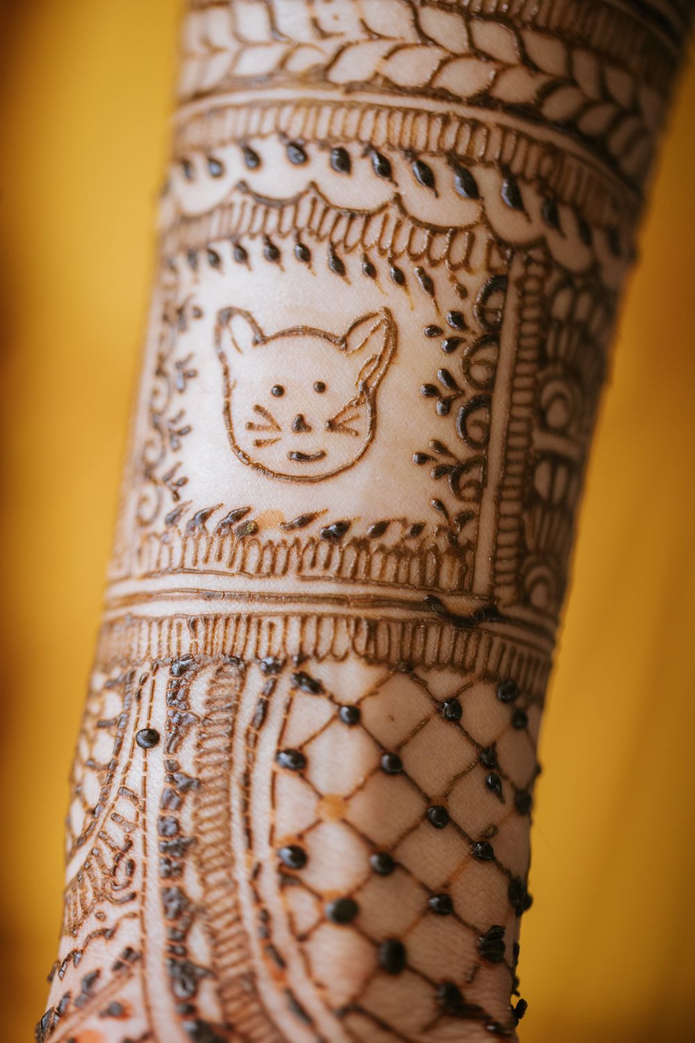 Close-up detail of intricate henna mehndi designs featuring cat faces and geometric patterns on skin in warm lighting.