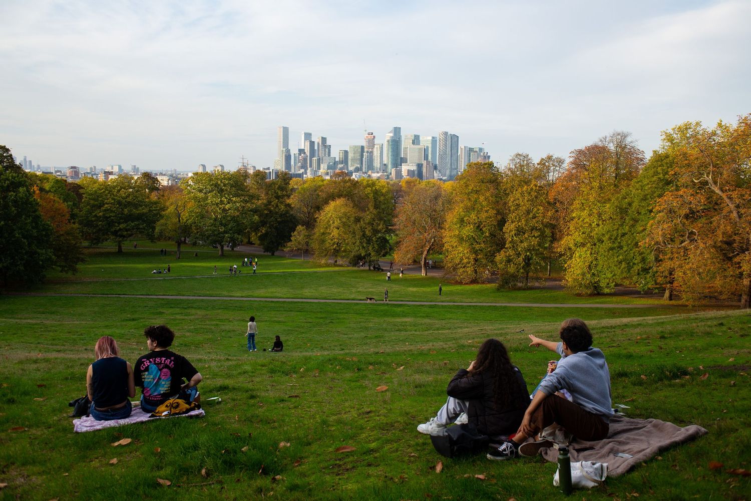 A scenic panoramic view of a park in autumn with fall foliage and city skyline visible in the distance.
