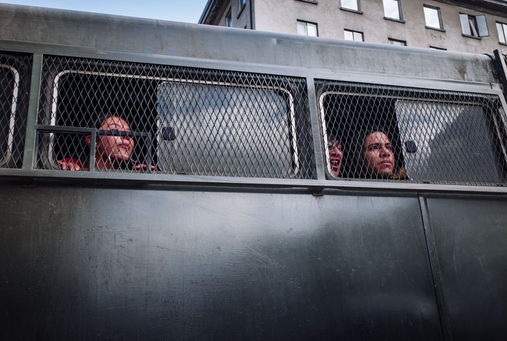 Students after arrest following a street demonstration for a fairer education system. Santiago, Chile