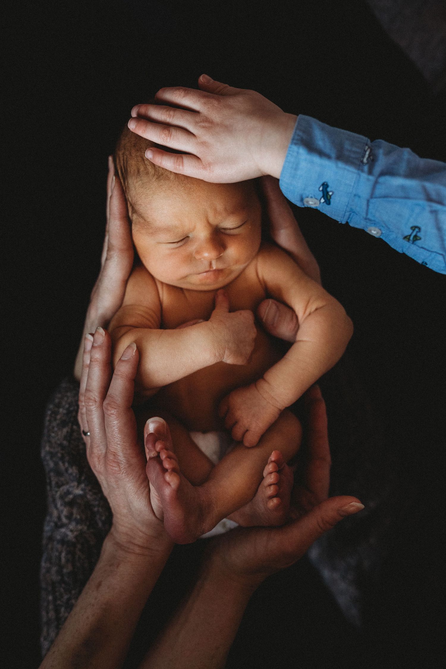 A pair of adult hands gently cradles a sleeping newborn baby while another hand touches its head in a dark setting.