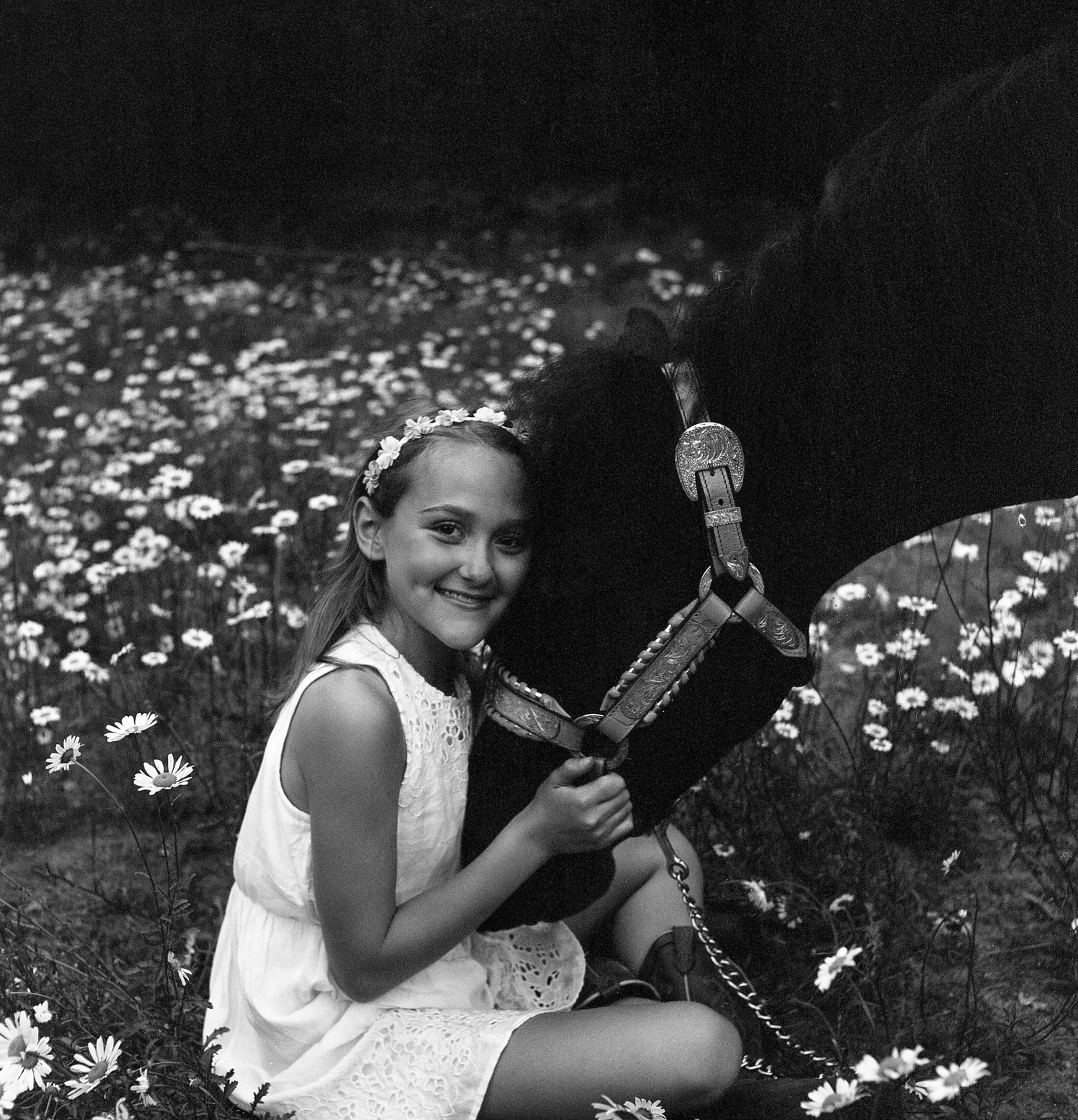 Black and white photo of someone in white dress sitting among daisies with a horse.