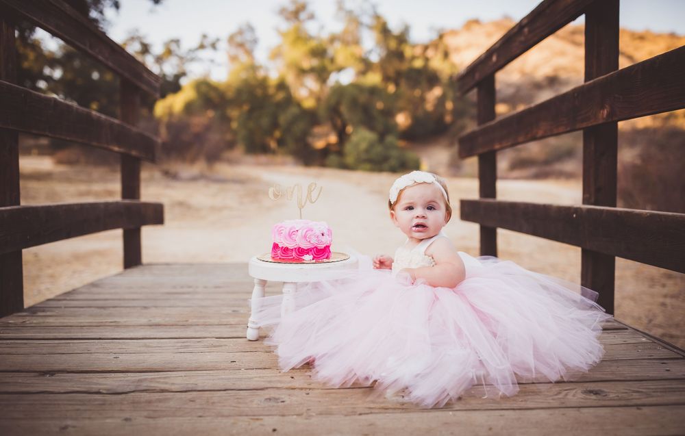 A series of photos showing a pink tutu on a rustic wooden bridge during sunset.