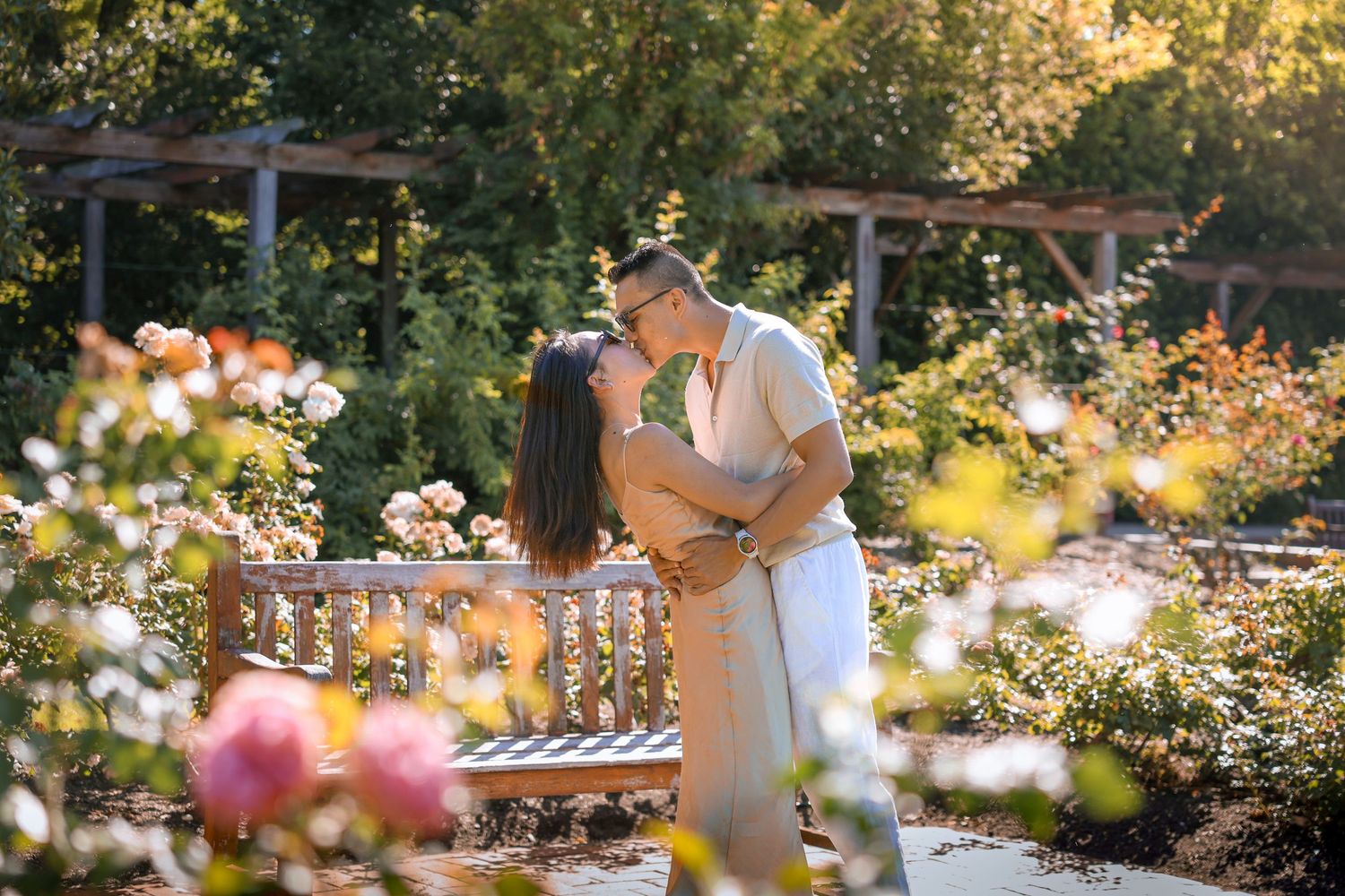 Romantic couples photoshoot in the summer rose garden at St Kilda Botanical Gardens