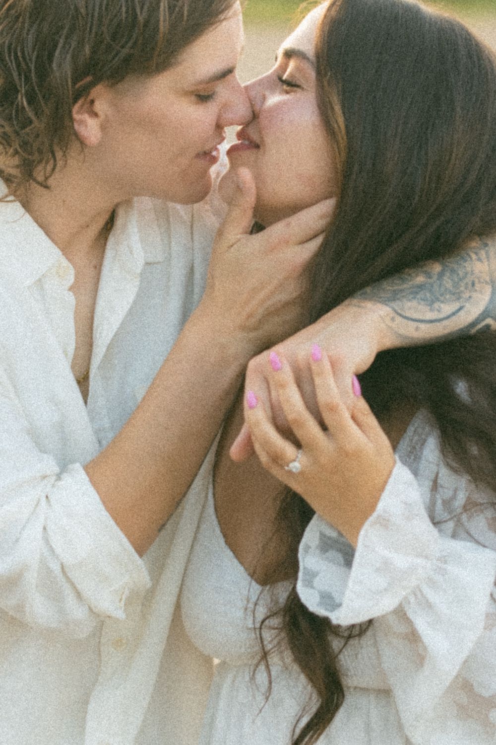 A romantic couple in white clothing sharing tender kisses in a series of intimate portraits.