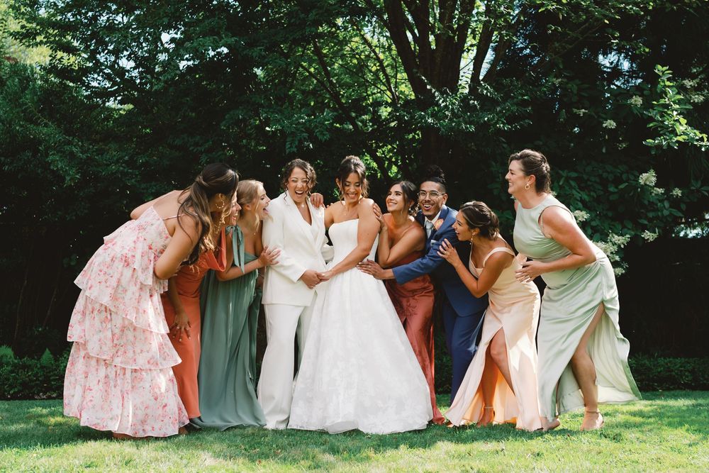 A sequence of wedding party photos showing bridesmaids in formal dresses posing together on a sunny lawn.